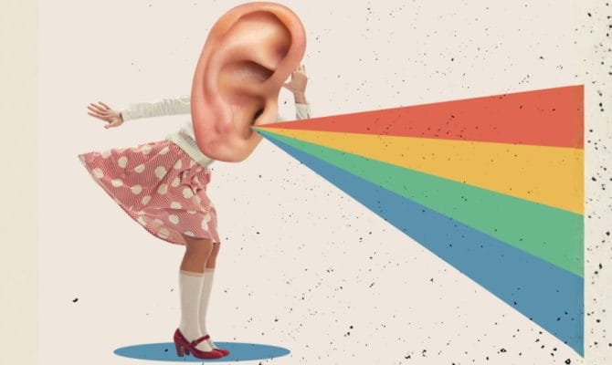 Social media insights "Surreal collage art of a figure with an oversized ear as their head, leaning towards a colourful rainbow of sound waves against a textured cream background"