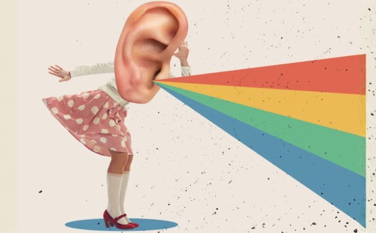 Social media insights "Surreal collage art of a figure with an oversized ear as their head, leaning towards a colourful rainbow of sound waves against a textured cream background"