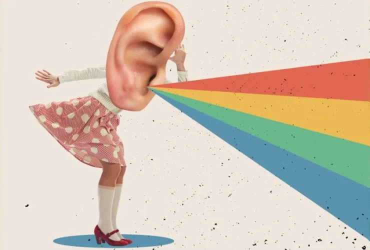 Social media insights "Surreal collage art of a figure with an oversized ear as their head, leaning towards a colourful rainbow of sound waves against a textured cream background"