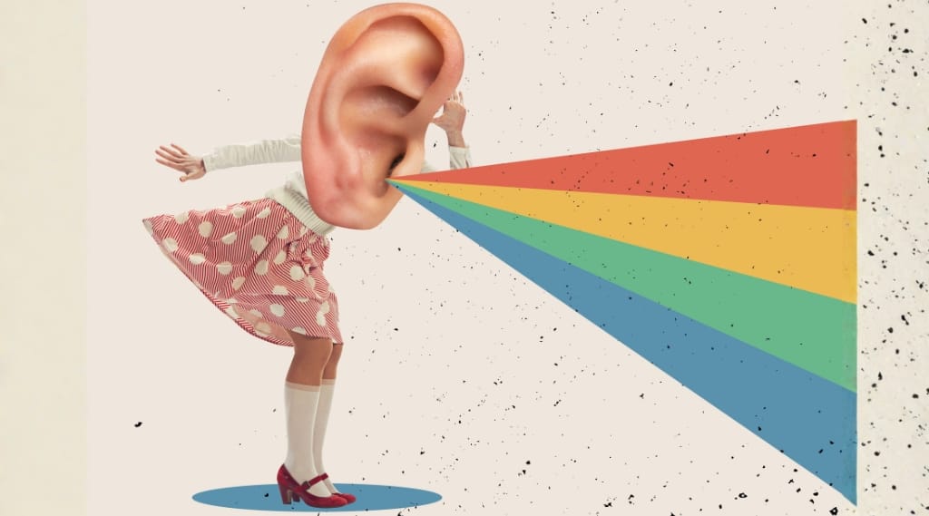Social media insights "Surreal collage art of a figure with an oversized ear as their head, leaning towards a colourful rainbow of sound waves against a textured cream background"