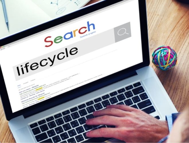 Website lifecycle "Overhead view of a person typing on a laptop displaying a mock search engine results page with the word 'lifecycle' in the search bar, surrounded by stationery and a rubber band ball"