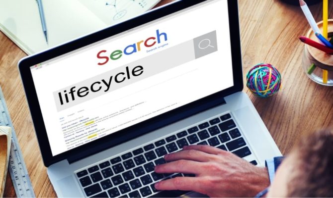 Website lifecycle "Overhead view of a person typing on a laptop displaying a mock search engine results page with the word 'lifecycle' in the search bar, surrounded by stationery and a rubber band ball"