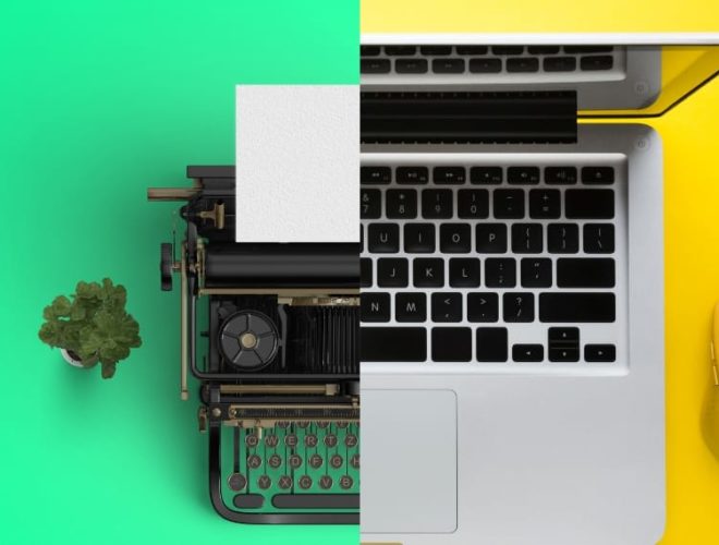 Content refresh strategy "Split image contrasting an old-fashioned typewriter on a green background with a modern laptop and yellow mouse, representing old versus new content creation"