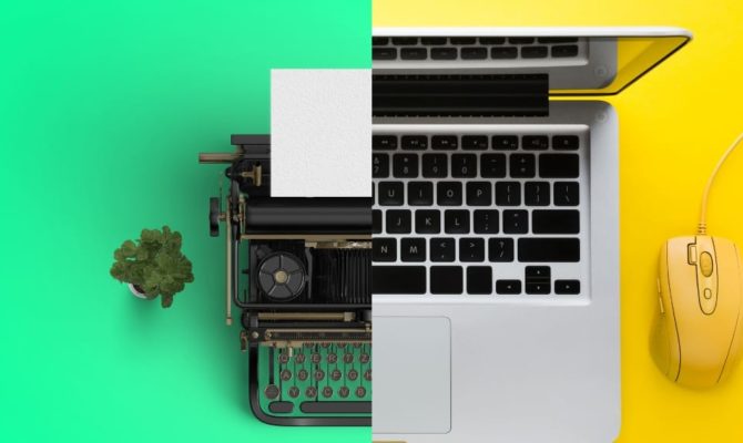 Content refresh strategy "Split image contrasting an old-fashioned typewriter on a green background with a modern laptop and yellow mouse, representing old versus new content creation"