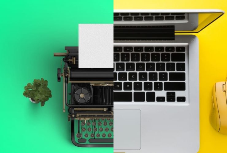 Content refresh strategy "Split image contrasting an old-fashioned typewriter on a green background with a modern laptop and yellow mouse, representing old versus new content creation"