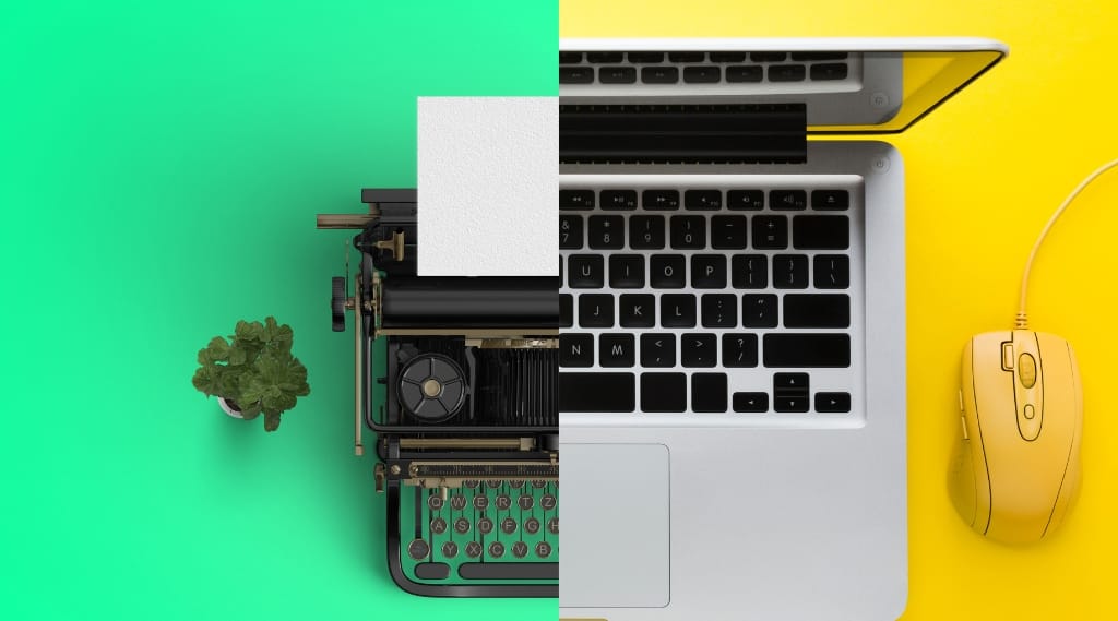 Content refresh strategy "Split image contrasting an old-fashioned typewriter on a green background with a modern laptop and yellow mouse, representing old versus new content creation"