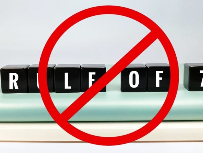 Marketing rule of 7: Black blocks spelling rule of 7 crossed out with red prohibition symbol representing outdated marketing theory