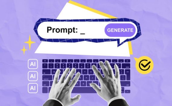 Can AI Written Content Rank on Google: A collage-style illustration of black and white hands typing on a keyboard beneath a speech bubble reading "Prompt: _" with a purple "Generate" button, AI labels and a checkmark icon on a lilac crumpled-paper background.