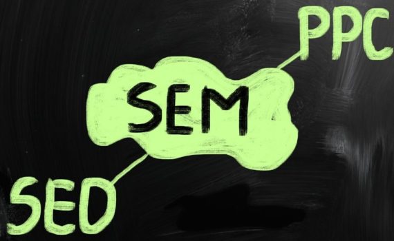 A chalk-style illustration on a blackboard showing "SEM" in a green cloud shape, with lines connecting to "PPC" and "SED" labels in green text.