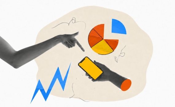 Which social media metrics actually matter: A collage-style illustration featuring a black-and-white hand pointing at a colourful pie chart, alongside a hand holding a yellow smartphone, a blue zigzag line graph, and abstract geometric shapes, on a cream background.