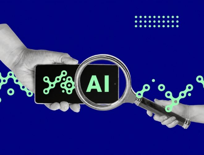How Do You Measure AI Search Optimisation: Two hands holding a smartphone and a magnifying glass that enlarges the letters "AI" on the screen, surrounded by green network graphics on a dark blue background, representing the measurement of AI search optimisation performance.