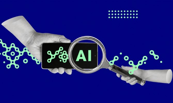 How Do You Measure AI Search Optimisation: Two hands holding a smartphone and a magnifying glass that enlarges the letters "AI" on the screen, surrounded by green network graphics on a dark blue background, representing the measurement of AI search optimisation performance.