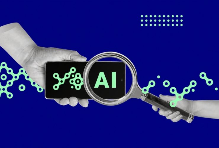 How Do You Measure AI Search Optimisation: Two hands holding a smartphone and a magnifying glass that enlarges the letters "AI" on the screen, surrounded by green network graphics on a dark blue background, representing the measurement of AI search optimisation performance.