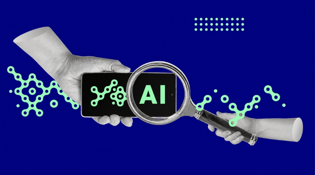 How Do You Measure AI Search Optimisation: Two hands holding a smartphone and a magnifying glass that enlarges the letters "AI" on the screen, surrounded by green network graphics on a dark blue background, representing the measurement of AI search optimisation performance.