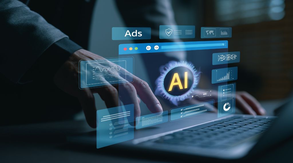 PPC campaigns: A person’s hands type on a laptop keyboard in a dark room, with glowing digital panels floating above it. The panels include an “Ads” label, a browser window with a central “AI” emblem, and graphs and charts.