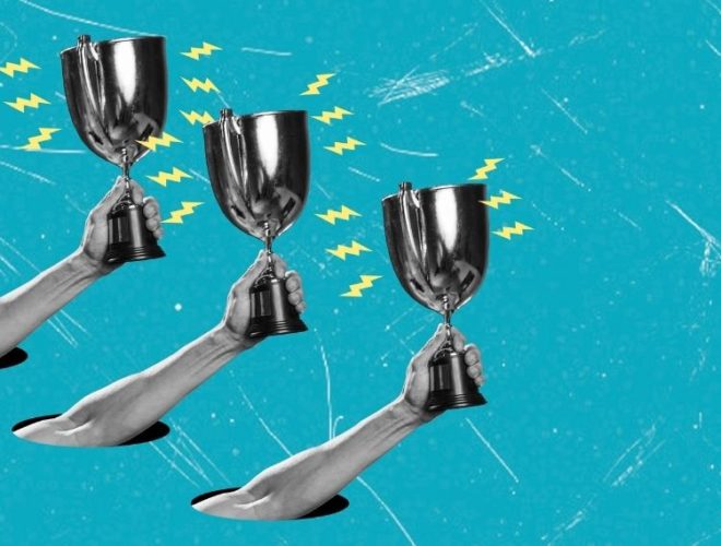Web Excellence Awards 2026: Three black-and-white arms reach up through holes in a bright turquoise background, each raising a silver trophy cup surrounded by yellow lightning bolts.