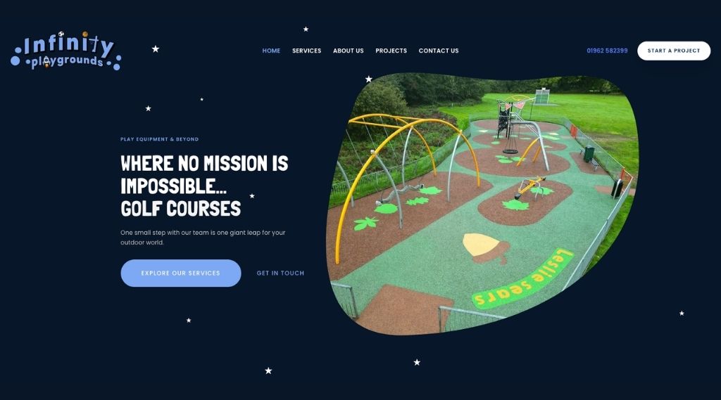 award-winning web design agency: A screenshot of the Infinity Playgrounds website homepage on a dark navy background with white stars. The headline reads “Where no mission is impossible… golf courses”, next to a photo of a playground with yellow arched climbing frames on green and brown safety surfacing.