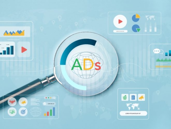 common Google Ads mistakes: A magnifying glass over the word "ADs" on a globe, surrounded by Google Ads campaign performance panels showing bar charts, pie charts and video ad icons, representing a review of PPC advertising mistakes.