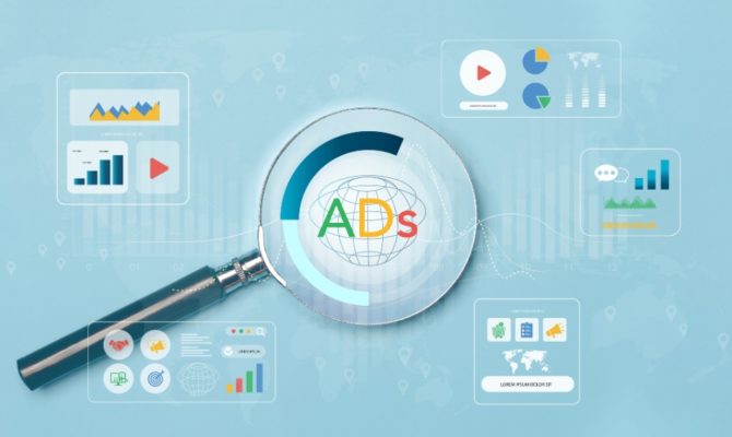 common Google Ads mistakes: A magnifying glass over the word "ADs" on a globe, surrounded by Google Ads campaign performance panels showing bar charts, pie charts and video ad icons, representing a review of PPC advertising mistakes.