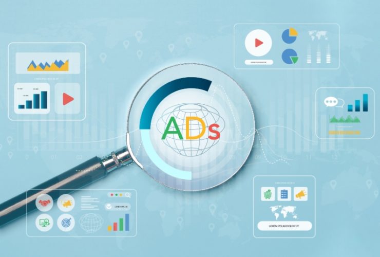 common Google Ads mistakes: A magnifying glass over the word "ADs" on a globe, surrounded by Google Ads campaign performance panels showing bar charts, pie charts and video ad icons, representing a review of PPC advertising mistakes.