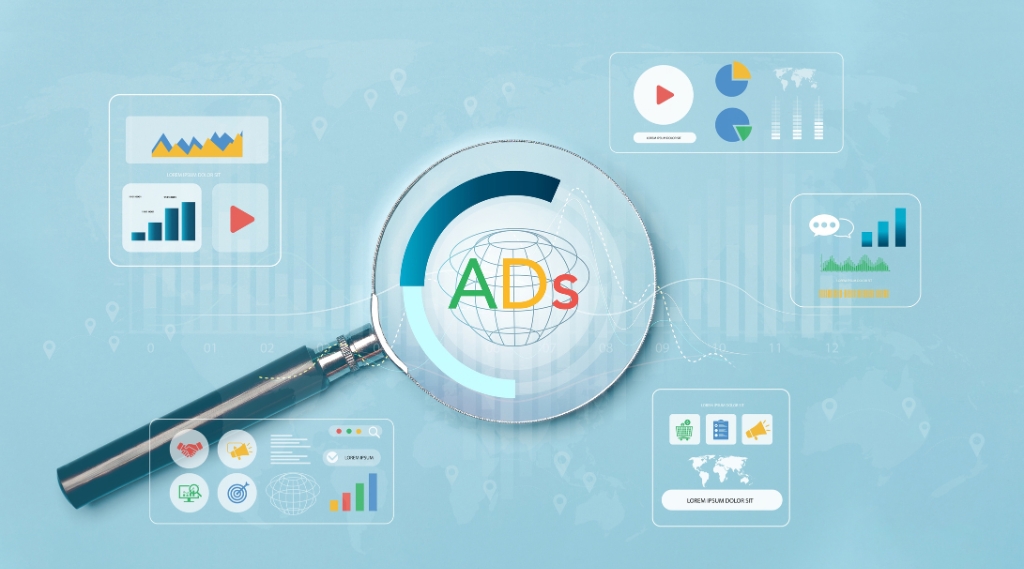 common Google Ads mistakes: A magnifying glass over the word "ADs" on a globe, surrounded by Google Ads campaign performance panels showing bar charts, pie charts and video ad icons, representing a review of PPC advertising mistakes.