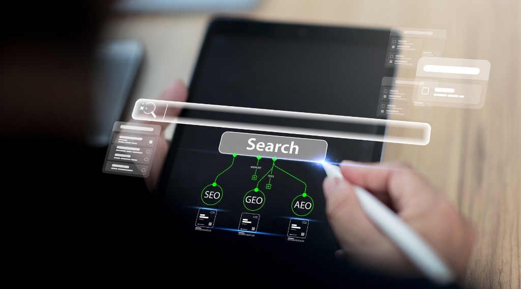 is AI search optimisation worth it: A person using a stylus on a tablet with a holographic search bar branching into SEO, GEO and AEO, illustrating the value of AI search optimisation alongside traditional search engine optimisation.