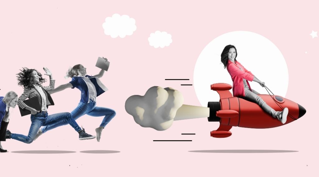 marketing budget planning for UK SMEs: A collage on a pink background of three women in black and white running to catch up with a smiling woman in a pink blazer, who is riding a red rocket with a puff of exhaust behind it.
