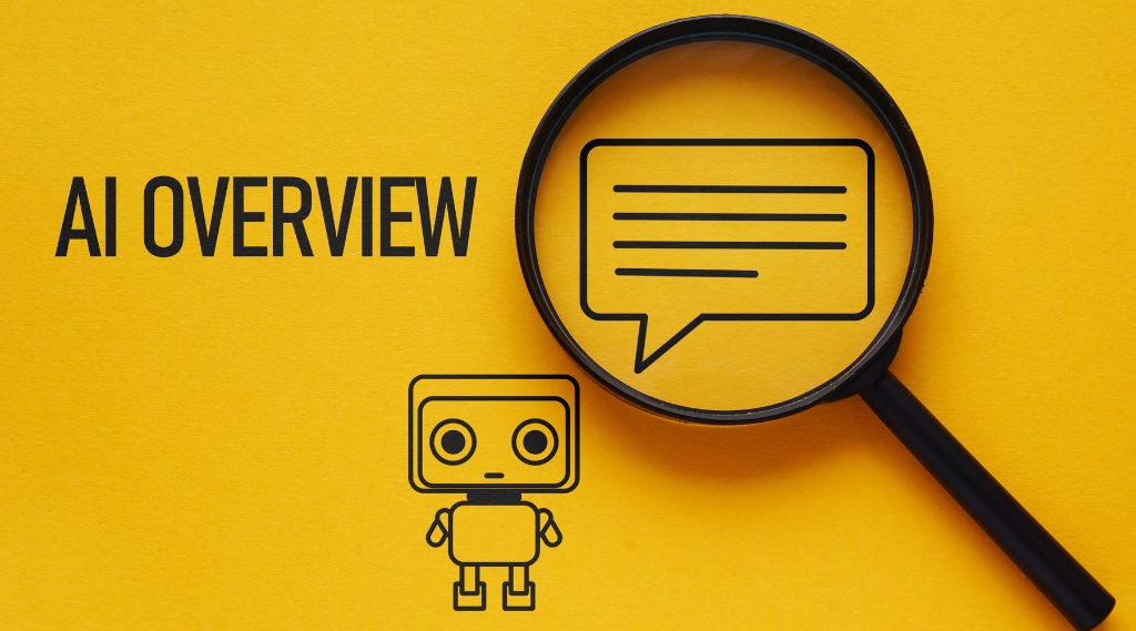 structured data for Black Friday product pages: The words “AI Overview” in black on a yellow background, beside a magnifying glass over a drawing of a speech bubble and a line drawing of a small robot.