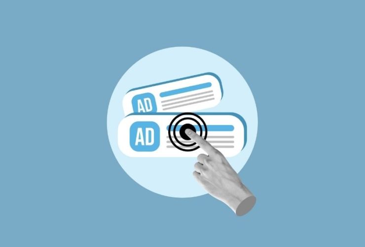 use PPC effectively: A black-and-white cut-out hand clicks on one of two stacked “Ad” search result panels, inside a pale blue circle on a mid-blue background.
