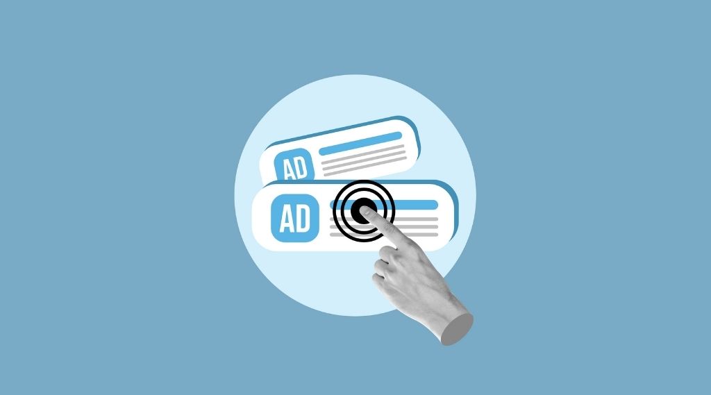 use PPC effectively: A black-and-white cut-out hand clicks on one of two stacked “Ad” search result panels, inside a pale blue circle on a mid-blue background.