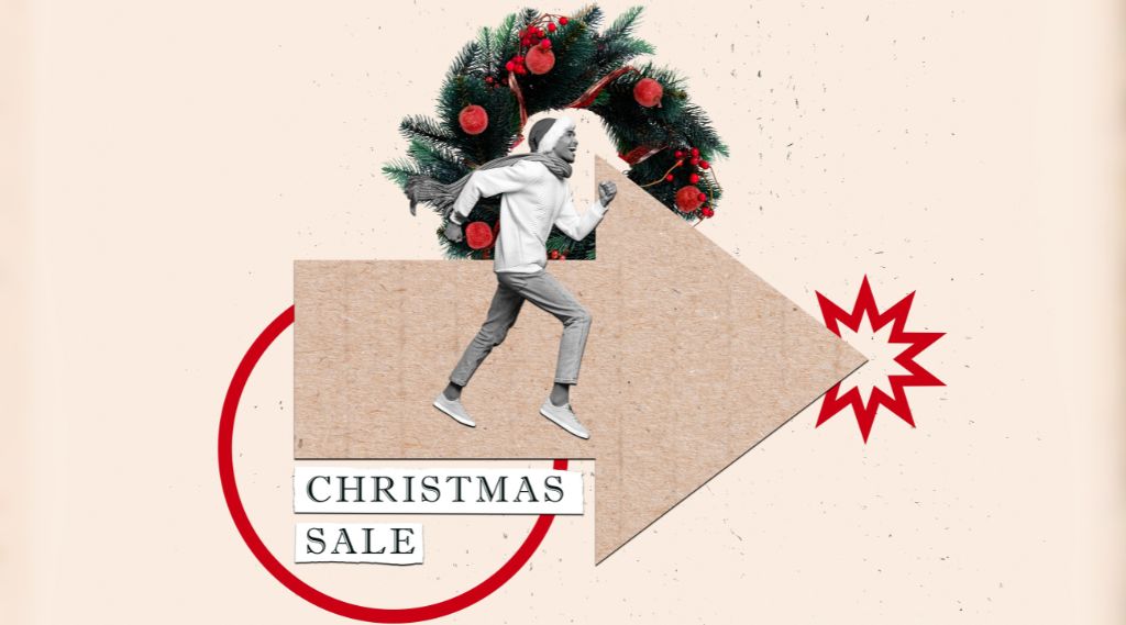 when do Christmas shoppers start researching: A collage of a smiling man in a bobble hat, scarf and jumper running along a large cardboard arrow, in front of a Christmas wreath with red baubles. Text cut-outs below read “Christmas Sale”, next to a red starburst and a red circle.